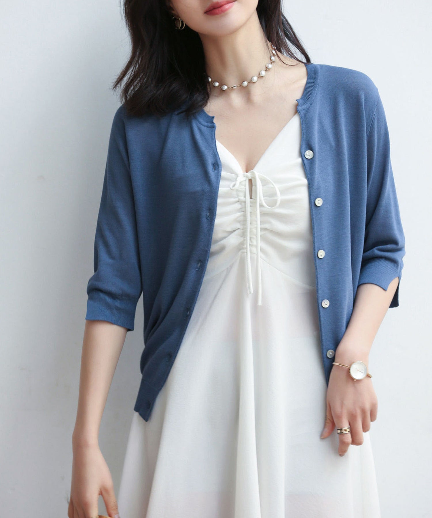 【接触冷感】スキッパーネックサマーニットカーディガンxyf2099-103-34