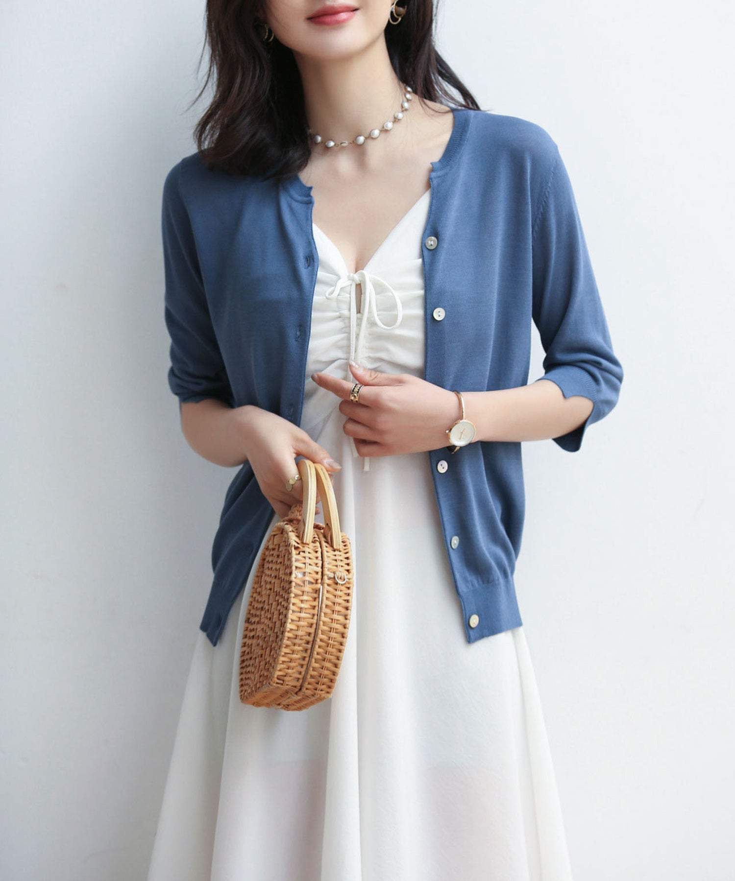 【接触冷感】スキッパーネックサマーニットカーディガンxyf2099 ブルー