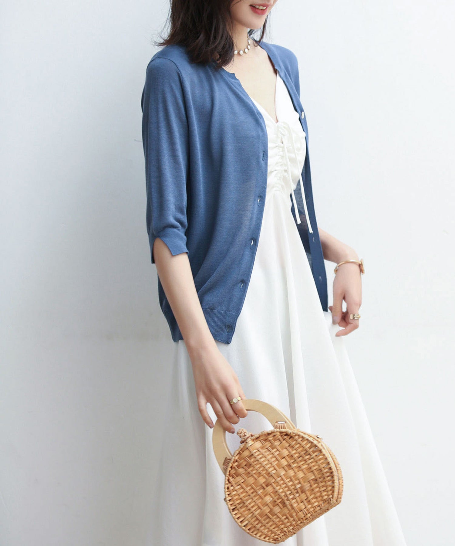 【接触冷感】スキッパーネックサマーニットカーディガンxyf2099 ブルー