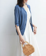 【接触冷感】スキッパーネックサマーニットカーディガンxyf2099 ブルー