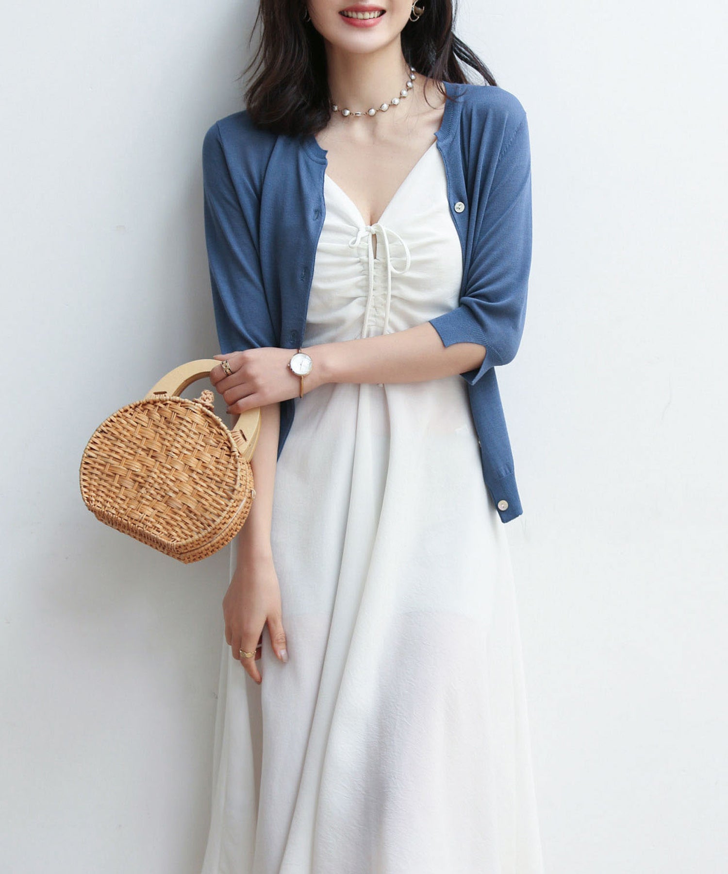 【接触冷感】スキッパーネックサマーニットカーディガンxyf2099 ブルー