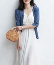 【接触冷感】スキッパーネックサマーニットカーディガンxyf2099 ブルー