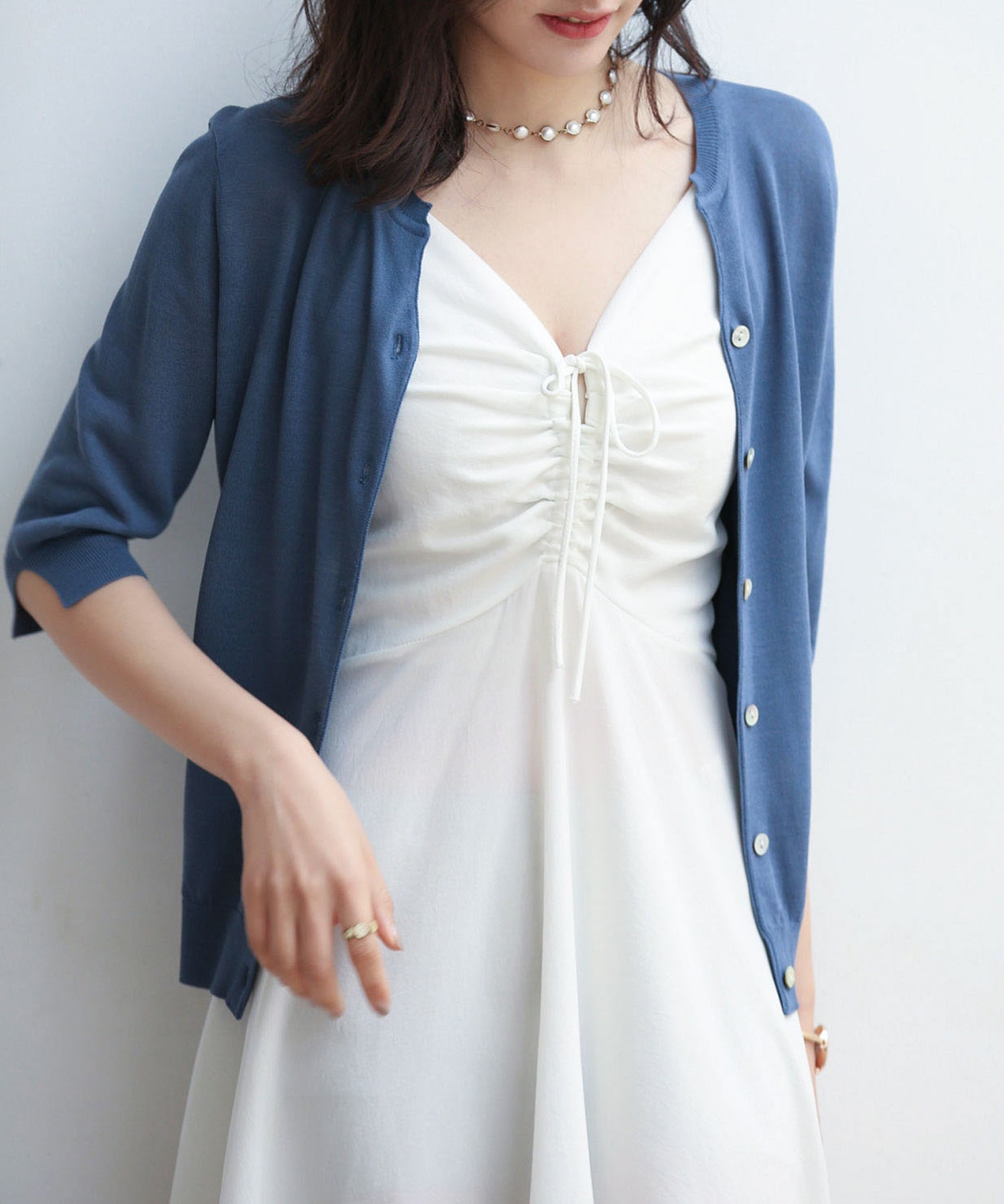 【接触冷感】スキッパーネックサマーニットカーディガンxyf2099 ブルー