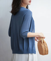 【接触冷感】スキッパーネックサマーニットカーディガンxyf2099 ブルー