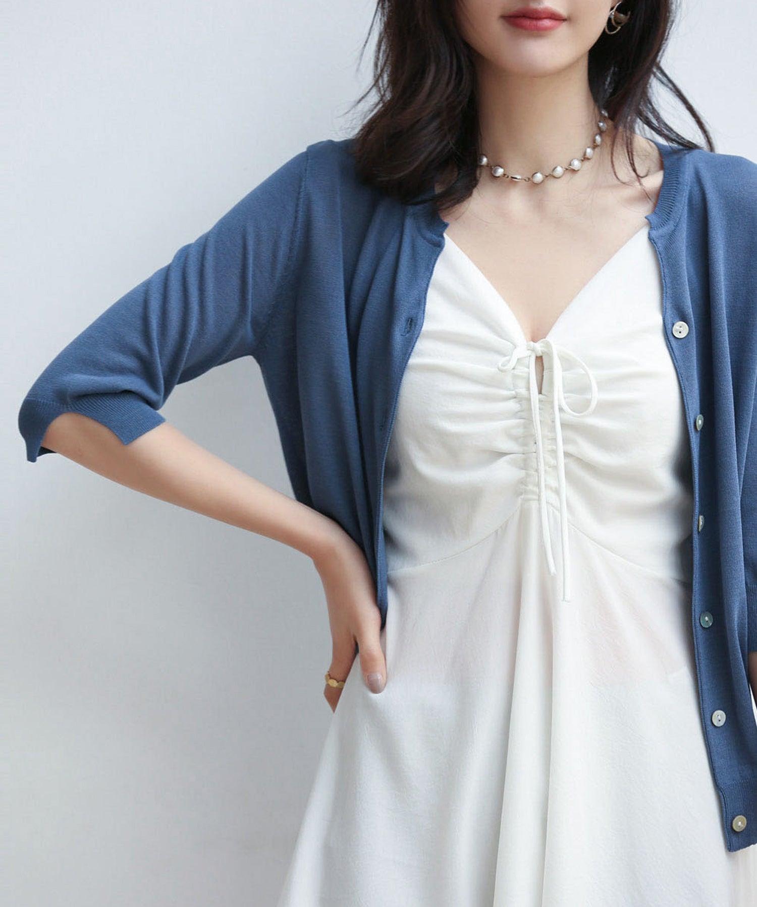 【接触冷感】スキッパーネックサマーニットカーディガンxyf2099 ブルー