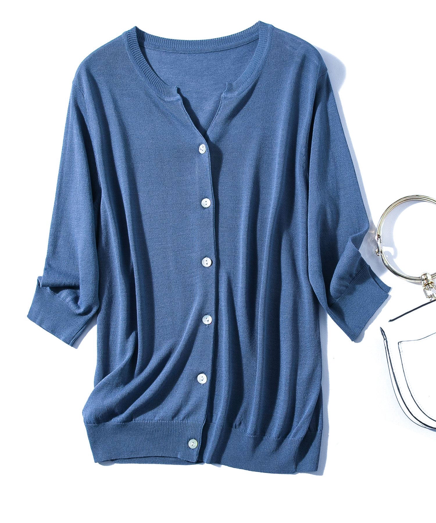 【接触冷感】スキッパーネックサマーニットカーディガンxyf2099 ブルー