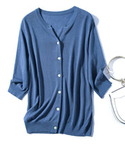 【接触冷感】スキッパーネックサマーニットカーディガンxyf2099 ブルー