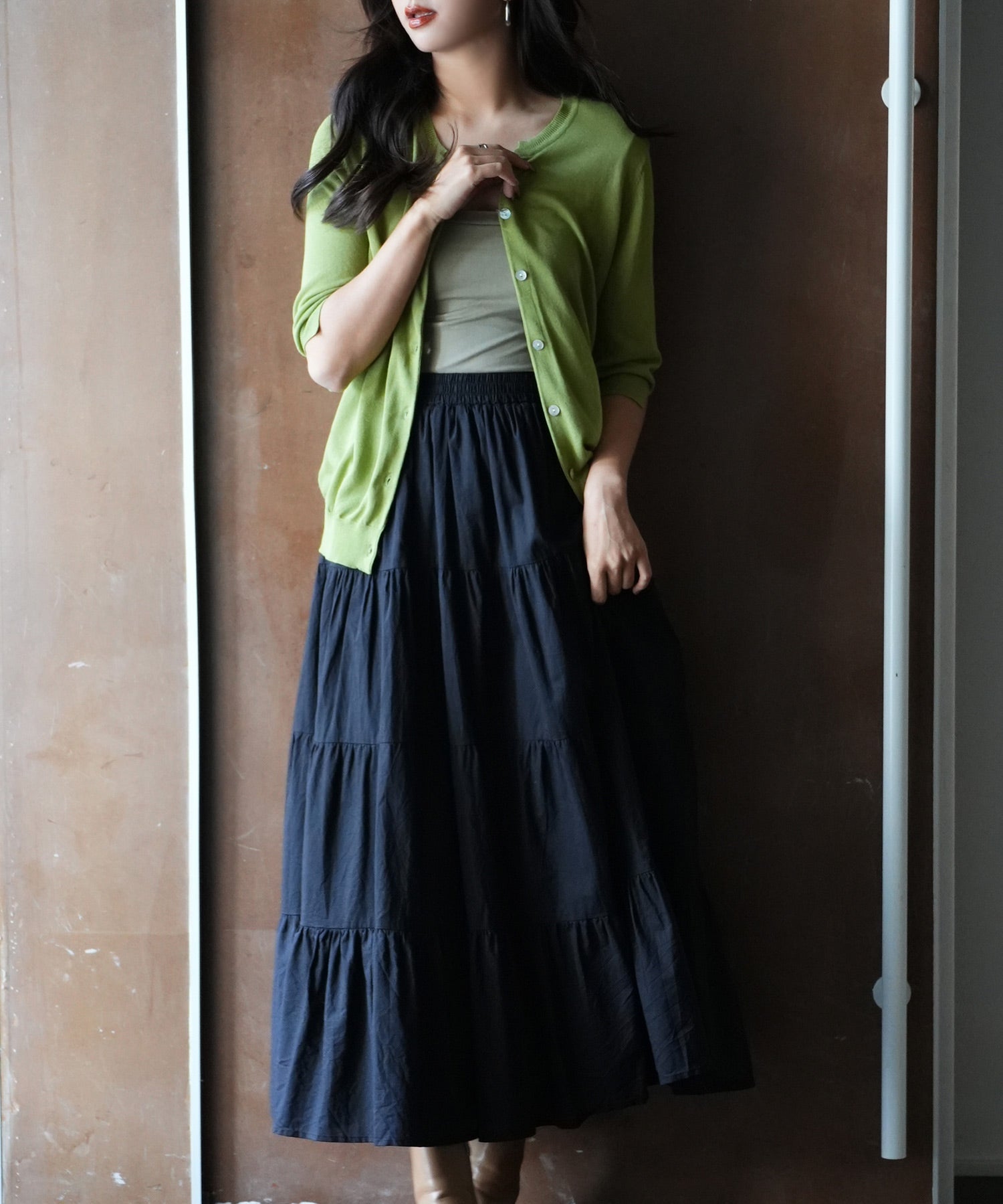 【接触冷感】スキッパーネックサマーニットカーディガンxyf2099 グリーン