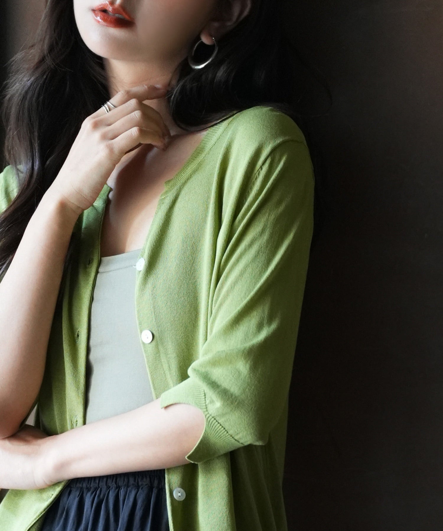 【接触冷感】スキッパーネックサマーニットカーディガンxyf2099 グリーン