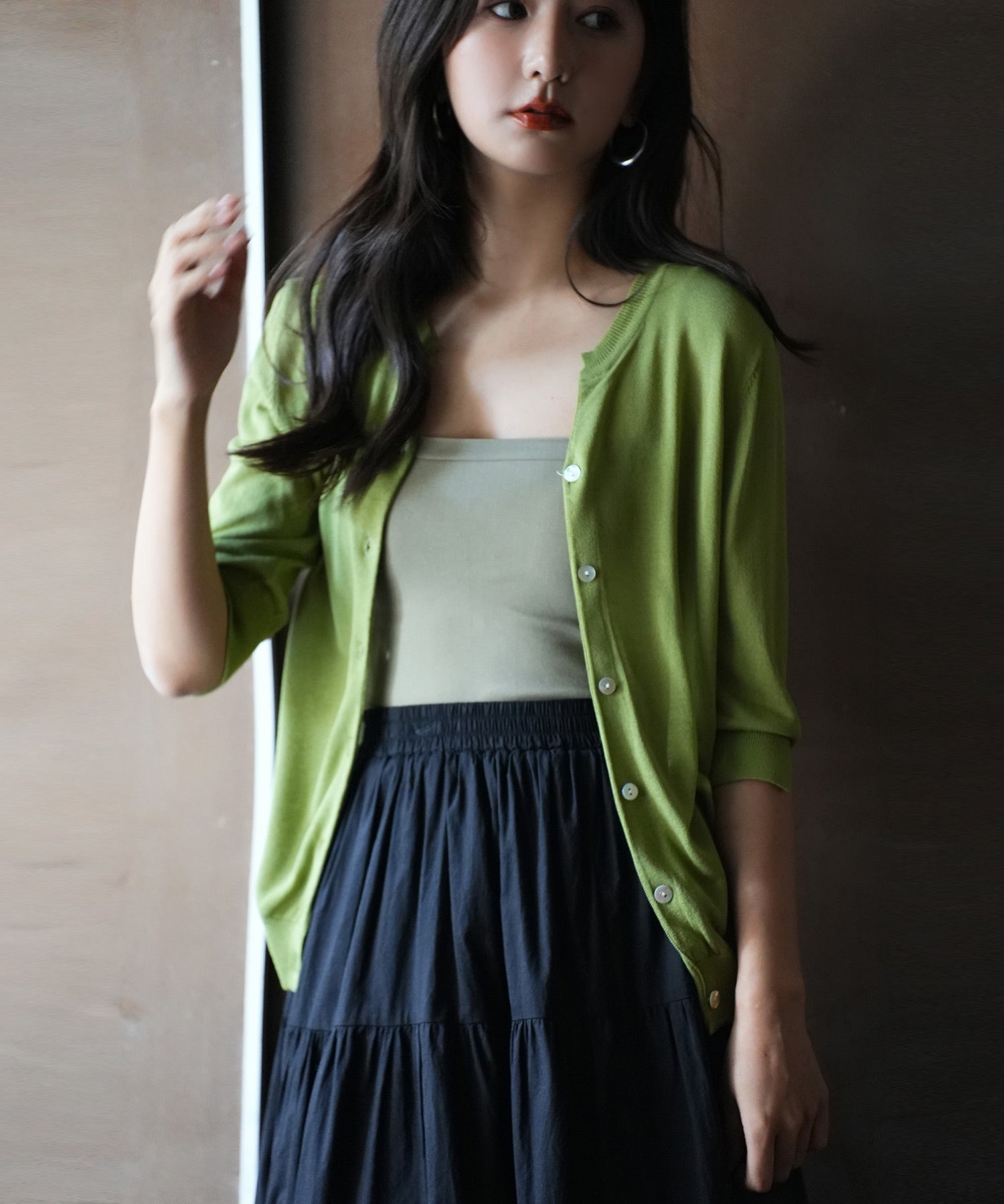 【接触冷感】スキッパーネックサマーニットカーディガンxyf2099 グリーン