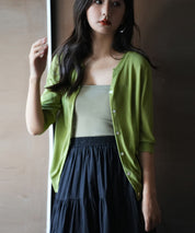 【接触冷感】スキッパーネックサマーニットカーディガンxyf2099 グリーン