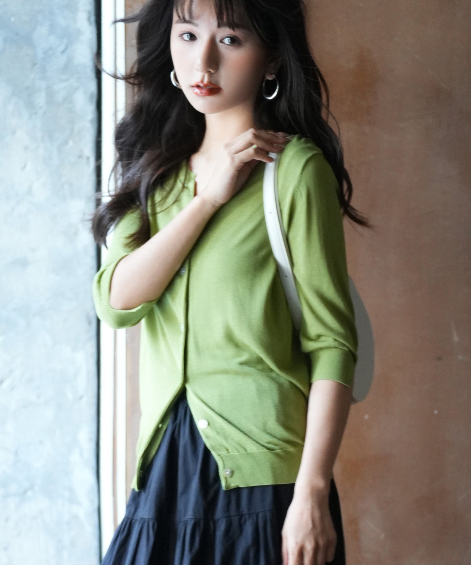 【接触冷感】スキッパーネックサマーニットカーディガンxyf2099 グリーン