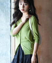 【接触冷感】スキッパーネックサマーニットカーディガンxyf2099 グリーン