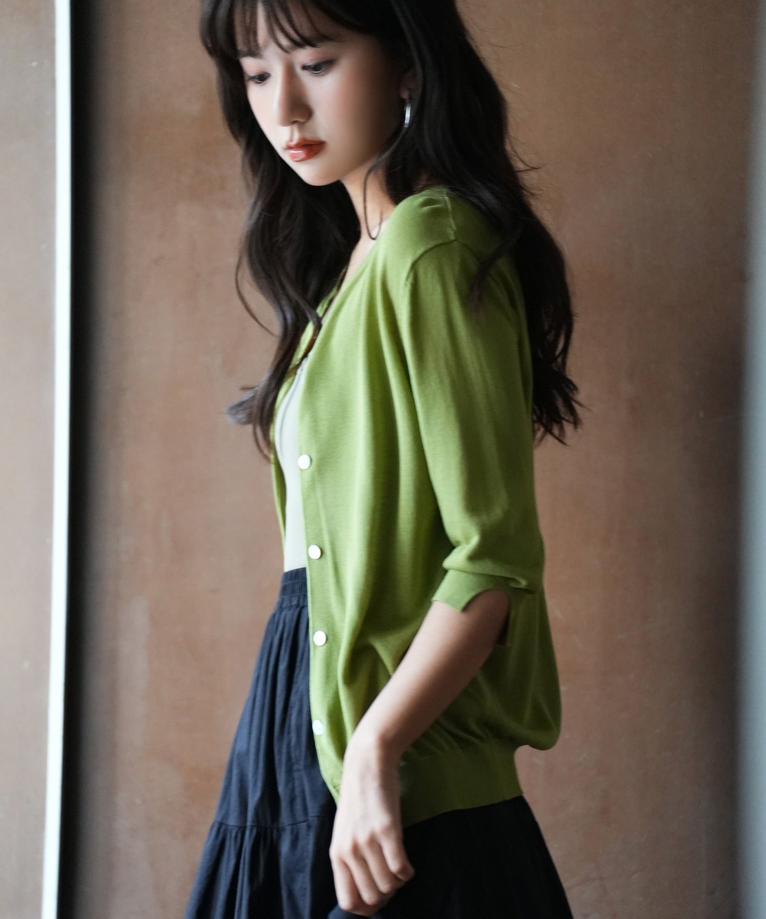 【接触冷感】スキッパーネックサマーニットカーディガンxyf2099 グリーン