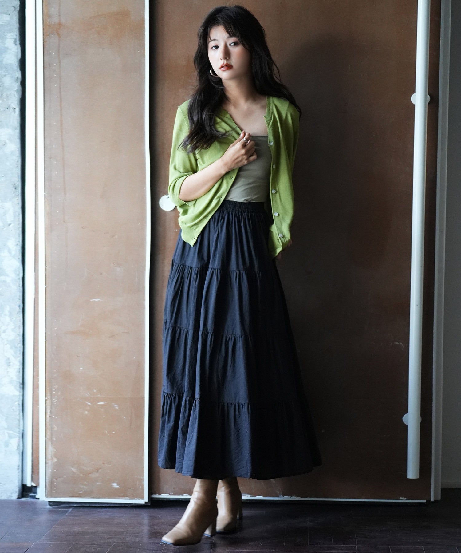 【接触冷感】スキッパーネックサマーニットカーディガンxyf2099 グリーン