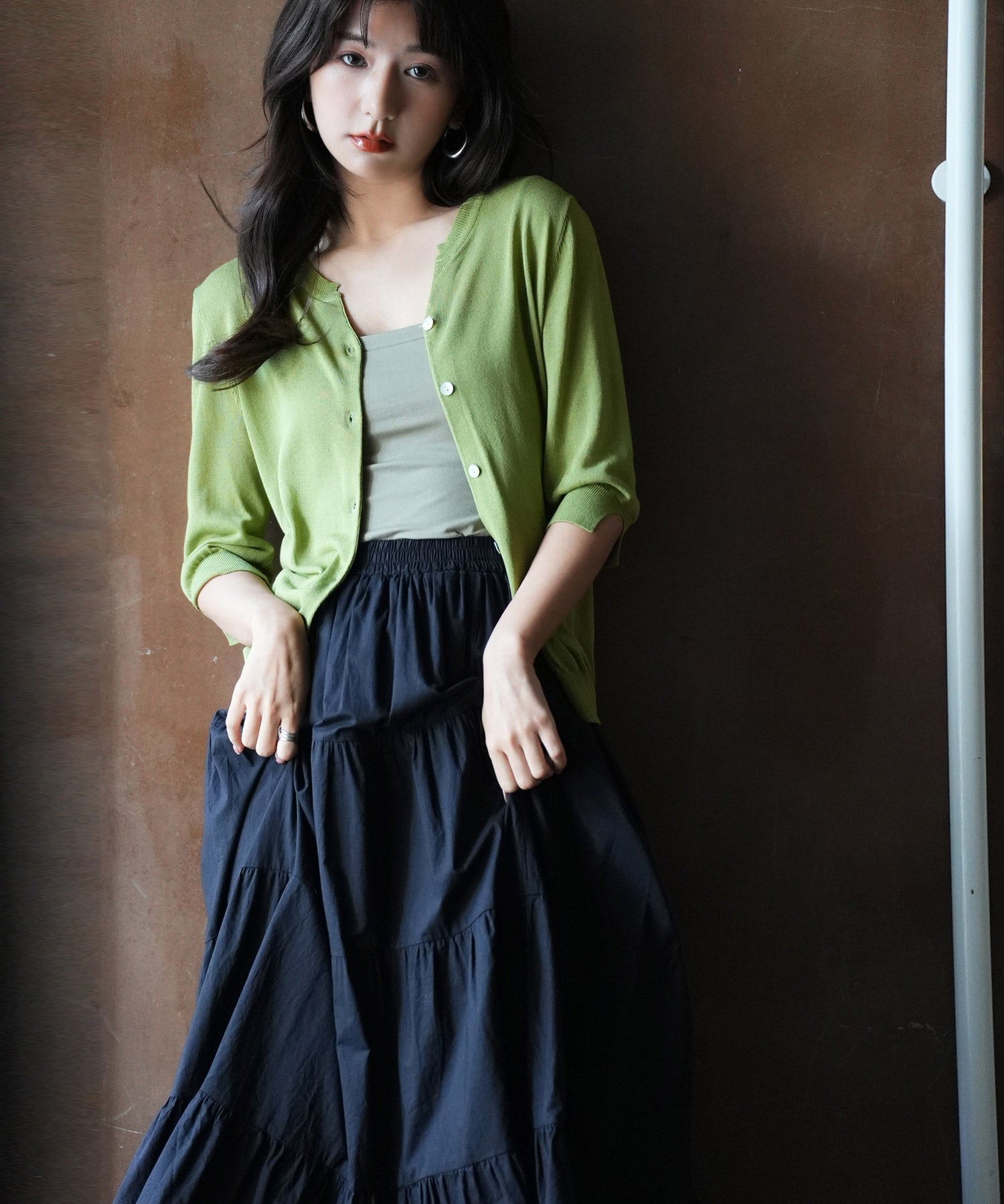 【接触冷感】スキッパーネックサマーニットカーディガンxyf2099 グリーン