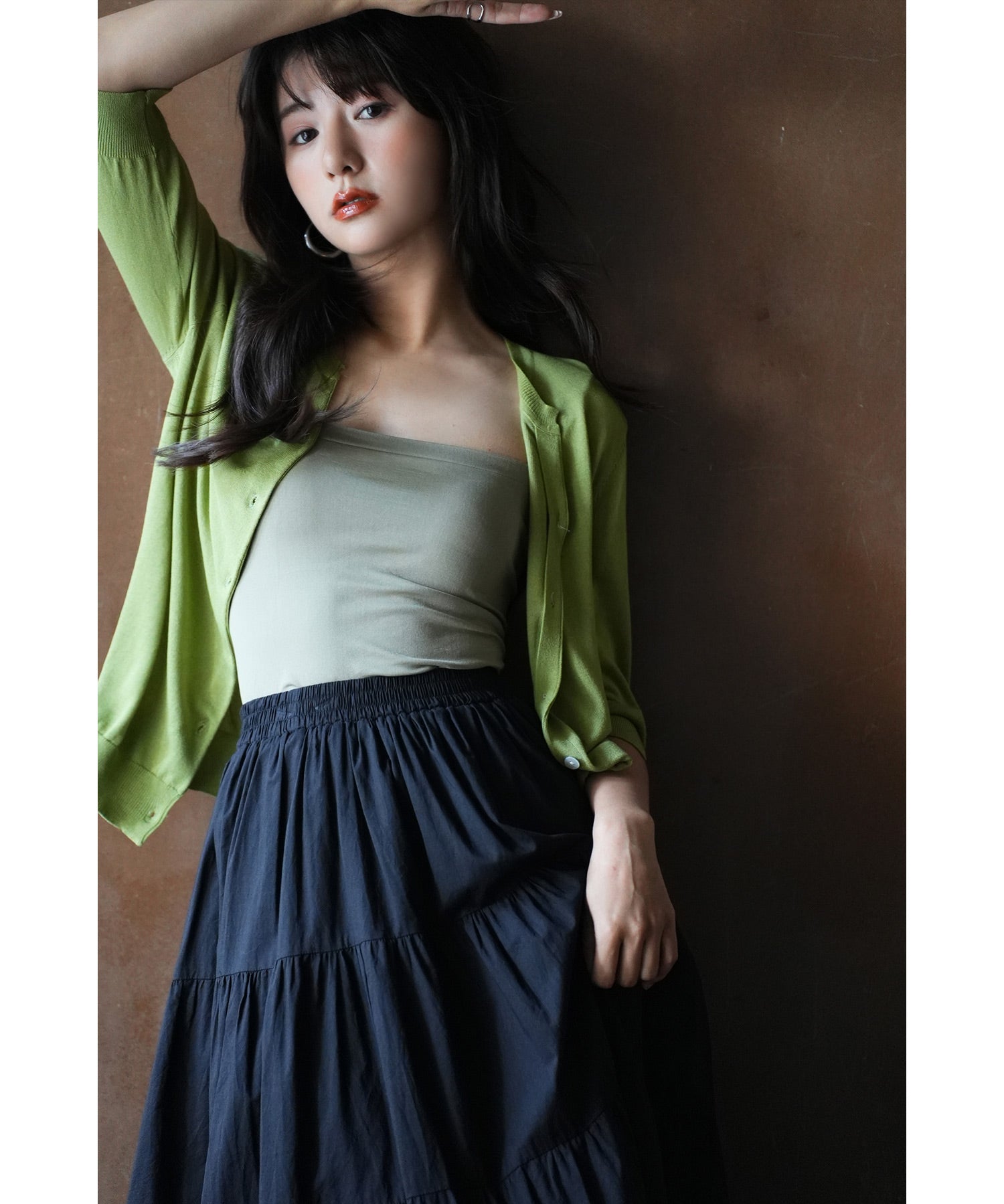 【接触冷感】スキッパーネックサマーニットカーディガンxyf2099 グリーン