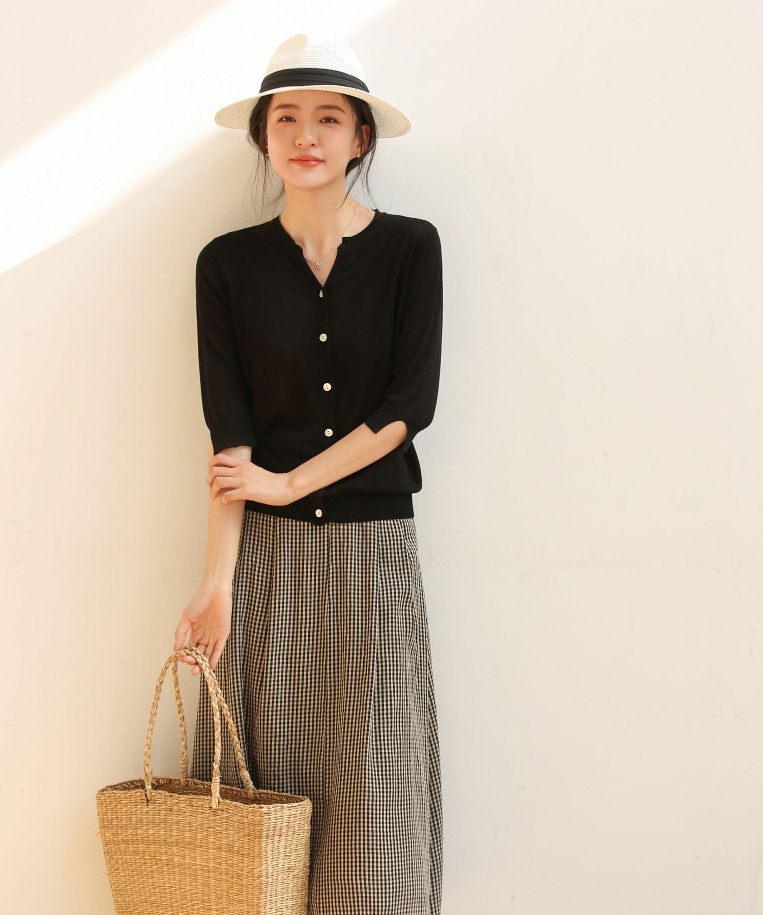 【接触冷感】スキッパーネックサマーニットカーディガンxyf2099 ブラック