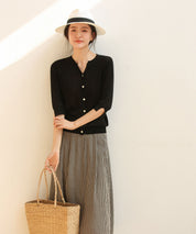 【接触冷感】スキッパーネックサマーニットカーディガンxyf2099 ブラック