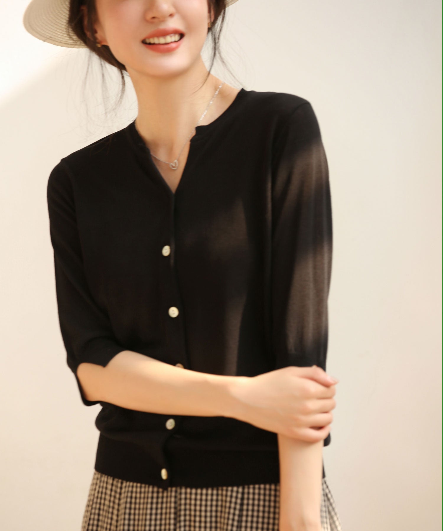 【接触冷感】スキッパーネックサマーニットカーディガンxyf2099 ブラック