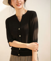 【接触冷感】スキッパーネックサマーニットカーディガンxyf2099 ブラック