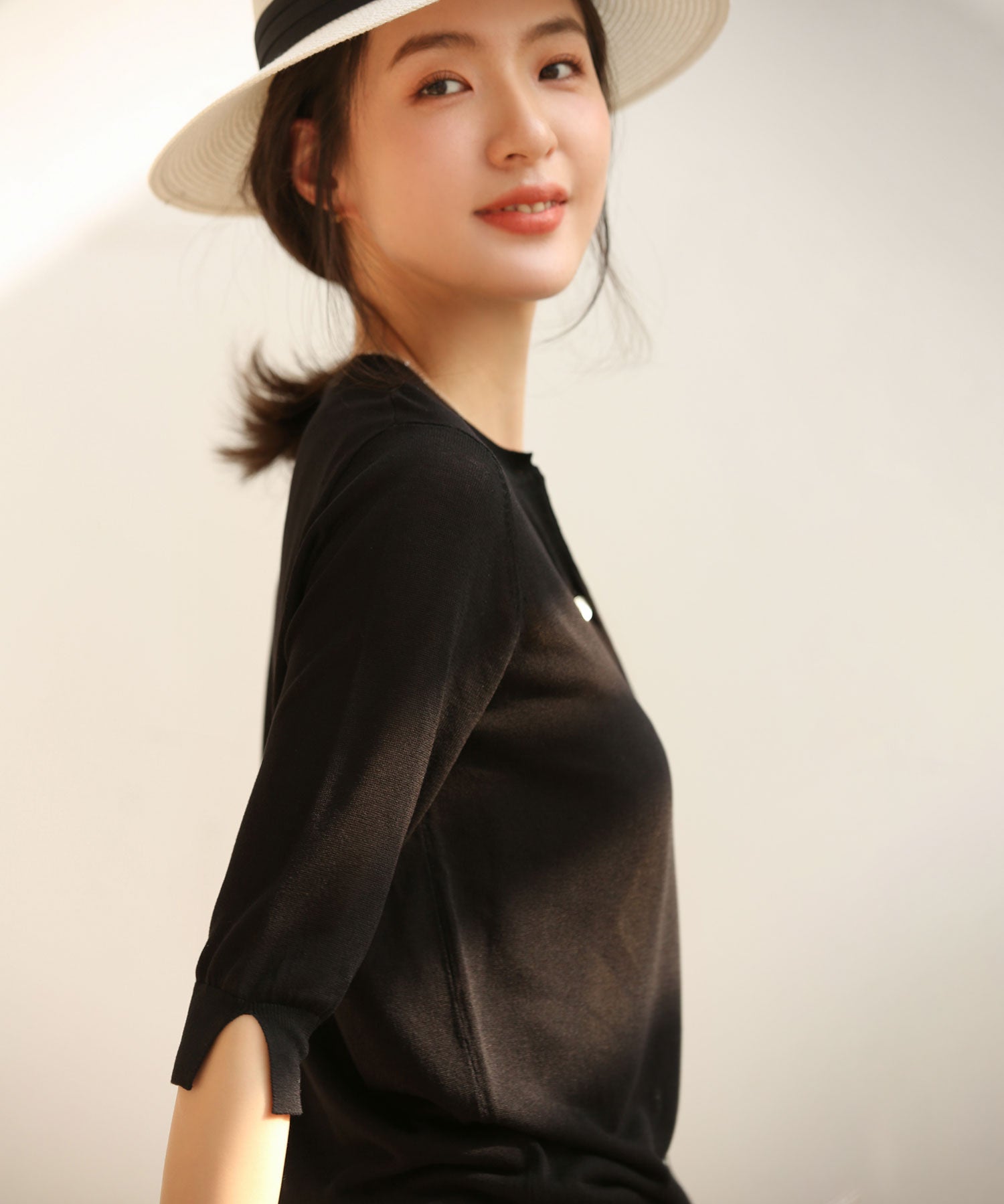 【接触冷感】スキッパーネックサマーニットカーディガンxyf2099 ブラック