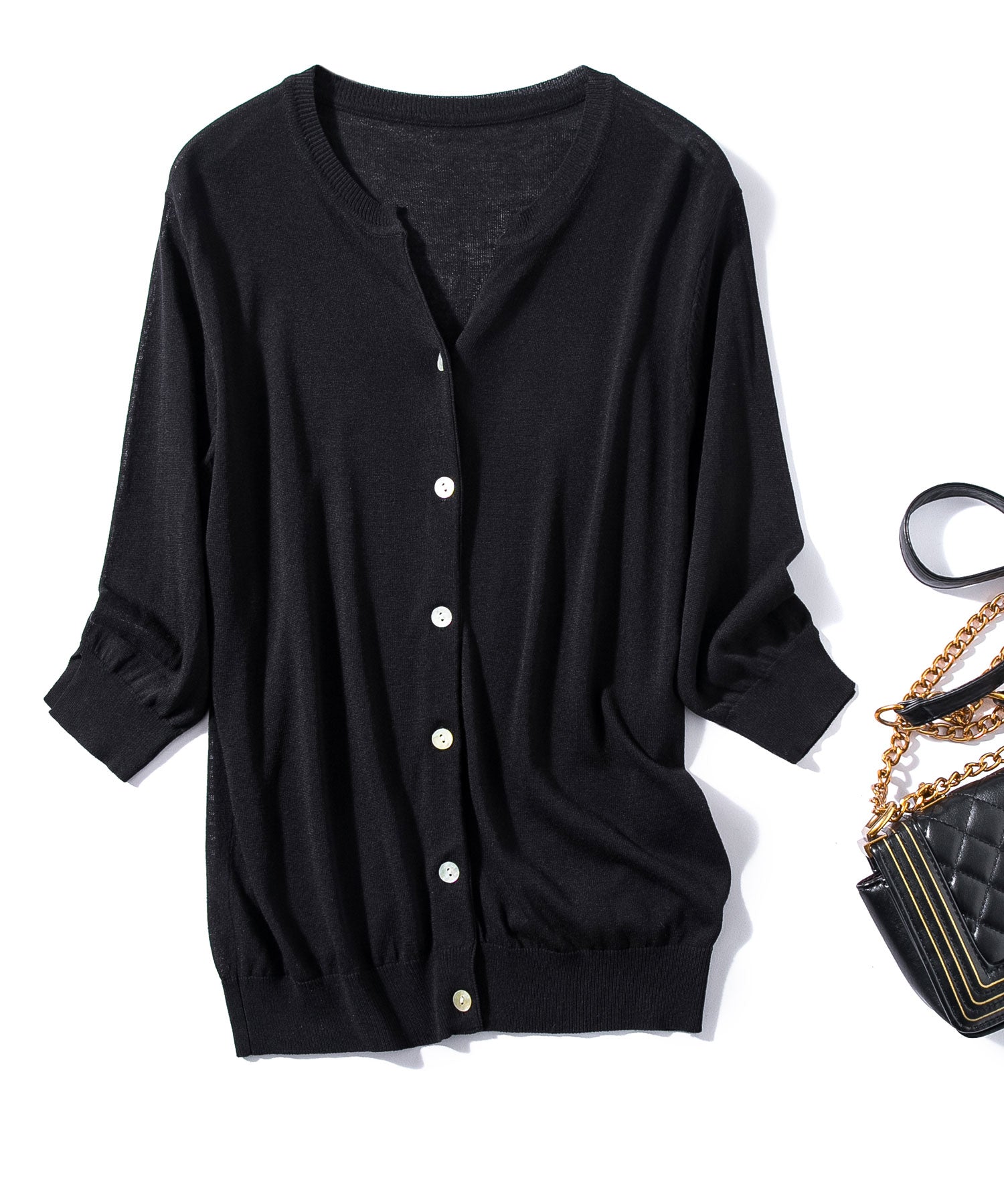 【接触冷感】スキッパーネックサマーニットカーディガンxyf2099 ブラック