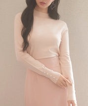 パールボタン付きプチハイネックニットプルオーバーxyf2150 ベージュ