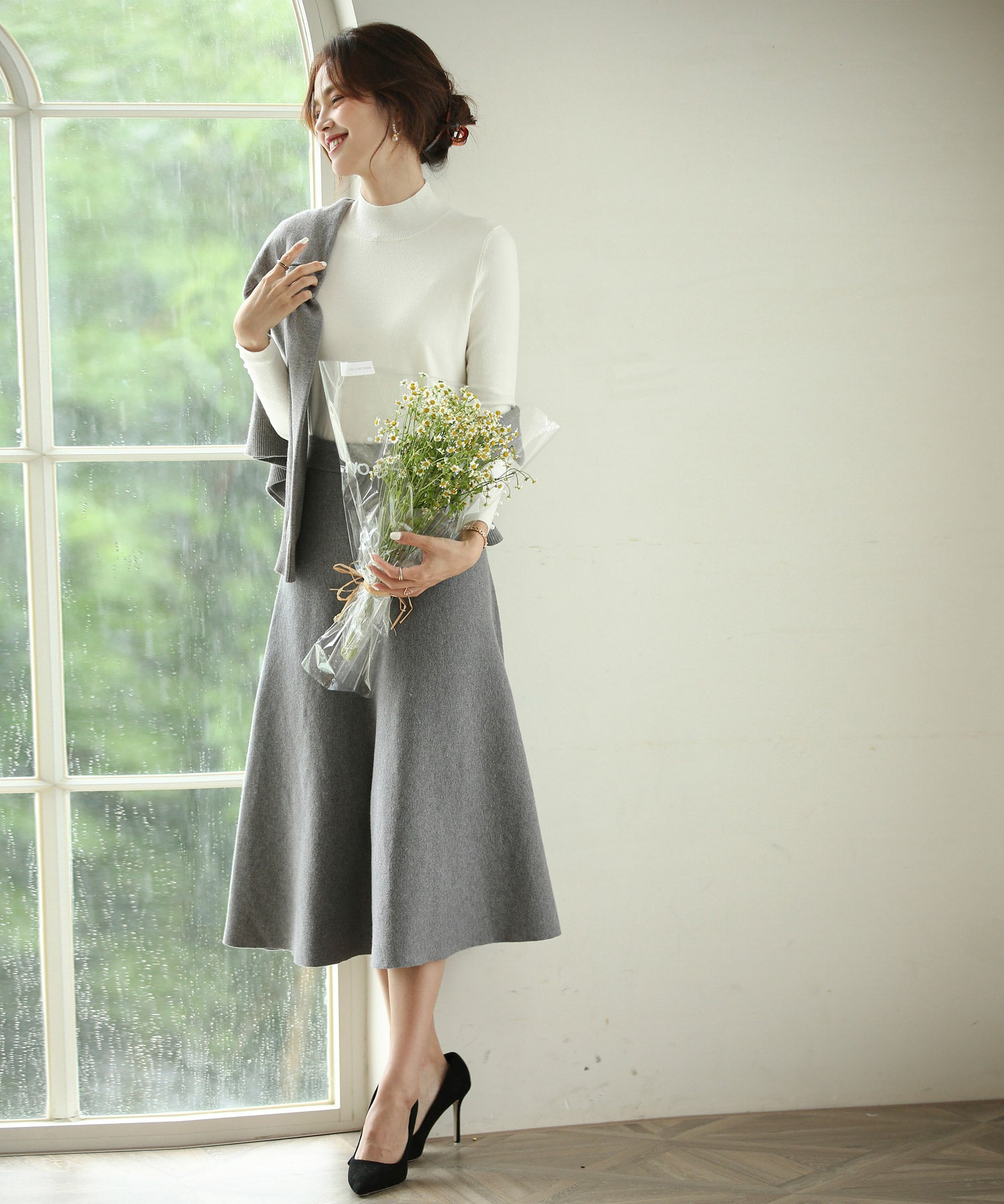 パールボタン付きプチハイネックニットプルオーバーxyf2150 ホワイト