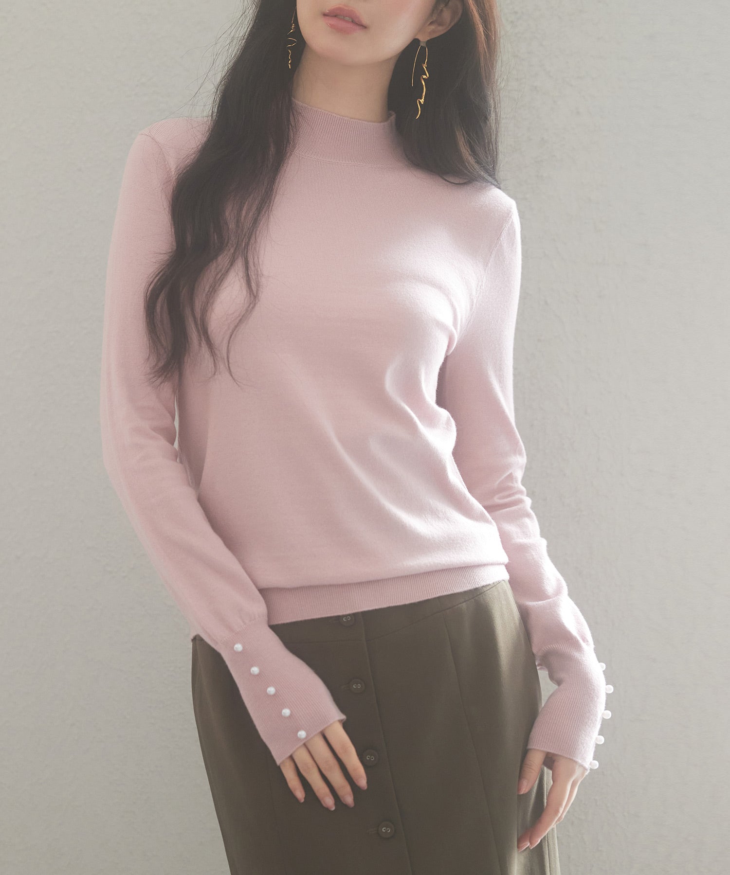 パールボタン付きプチハイネックニットプルオーバーxyf2150 ピンク