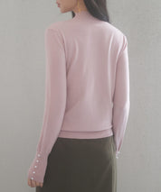 パールボタン付きプチハイネックニットプルオーバーxyf2150 ピンク