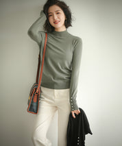 パールボタン付きプチハイネックニットプルオーバーxyf2150 グリーン