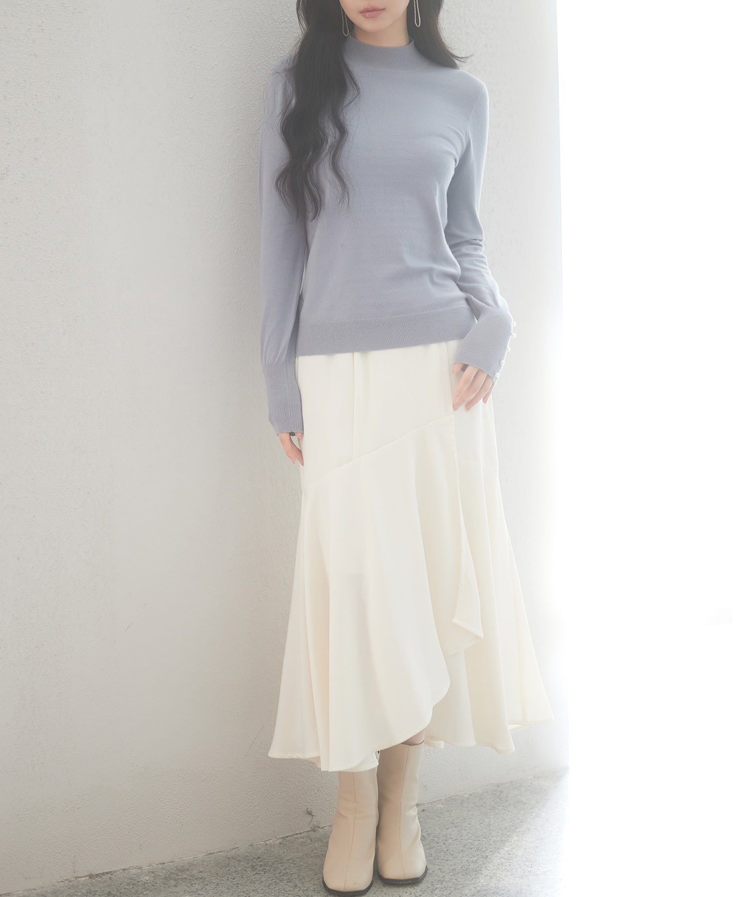 パールボタン付きプチハイネックニットプルオーバーxyf2150 ブルーグレー