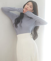 パールボタン付きプチハイネックニットプルオーバーxyf2150 ブルーグレー