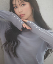 パールボタン付きプチハイネックニットプルオーバーxyf2150 ブルーグレー