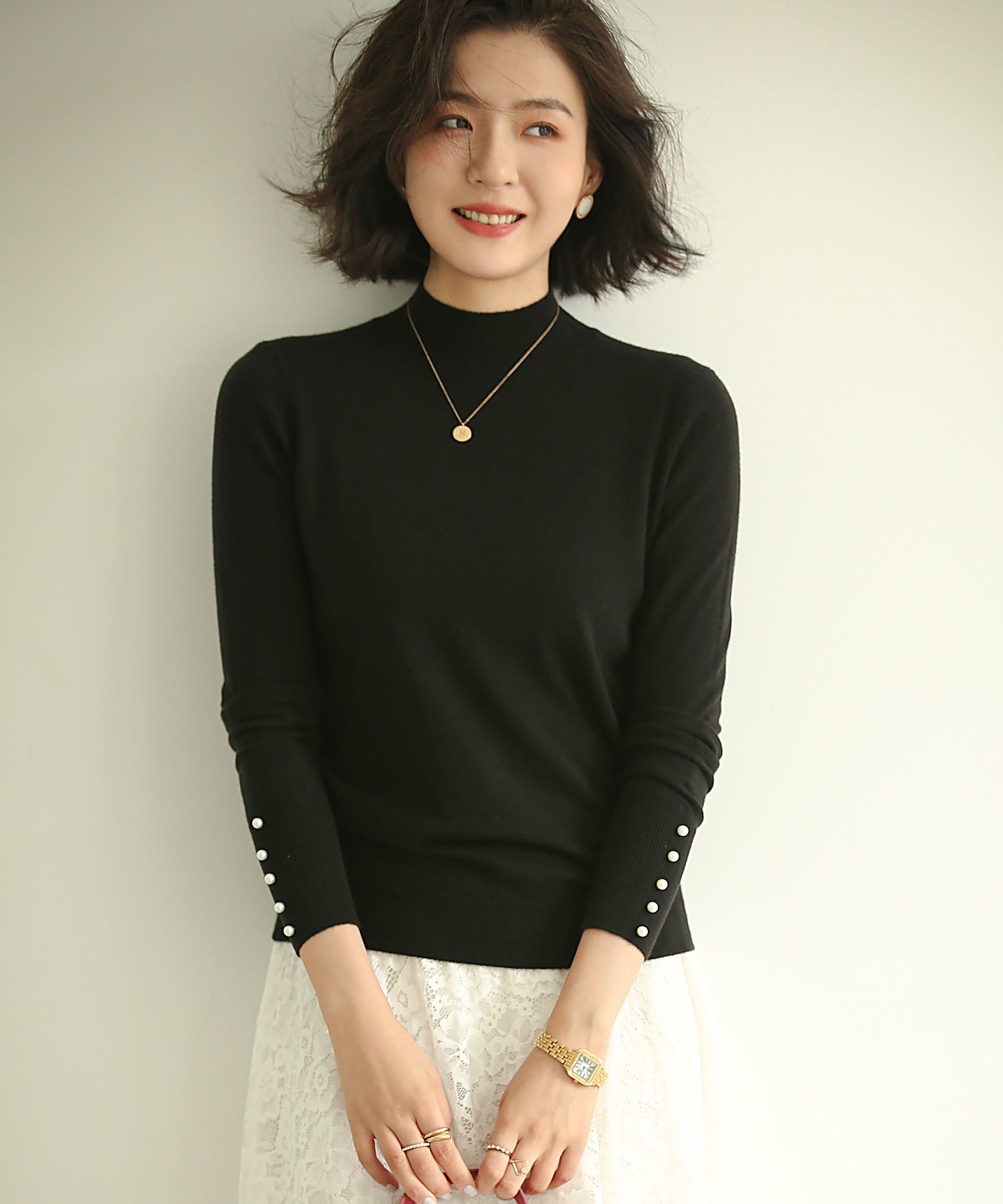 パールボタン付きプチハイネックニットプルオーバーxyf2150-103-8