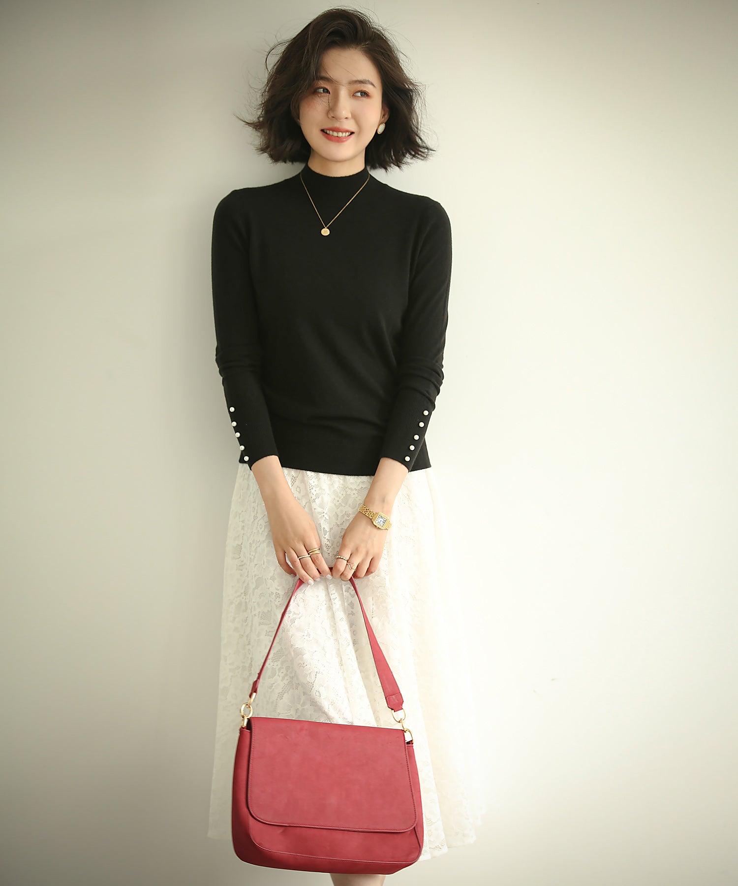 パールボタン付きプチハイネックニットプルオーバーxyf2150 ブラック