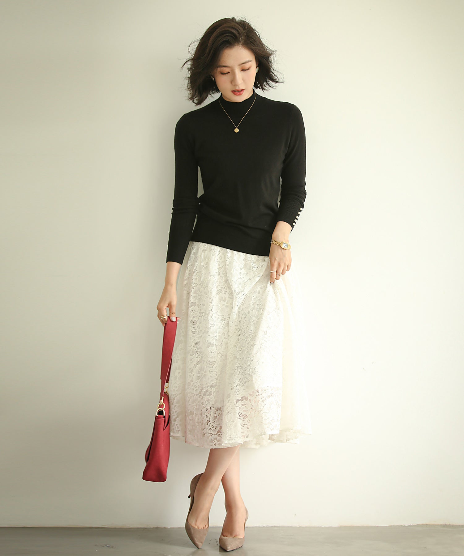 パールボタン付きプチハイネックニットプルオーバーxyf2150 ブラック