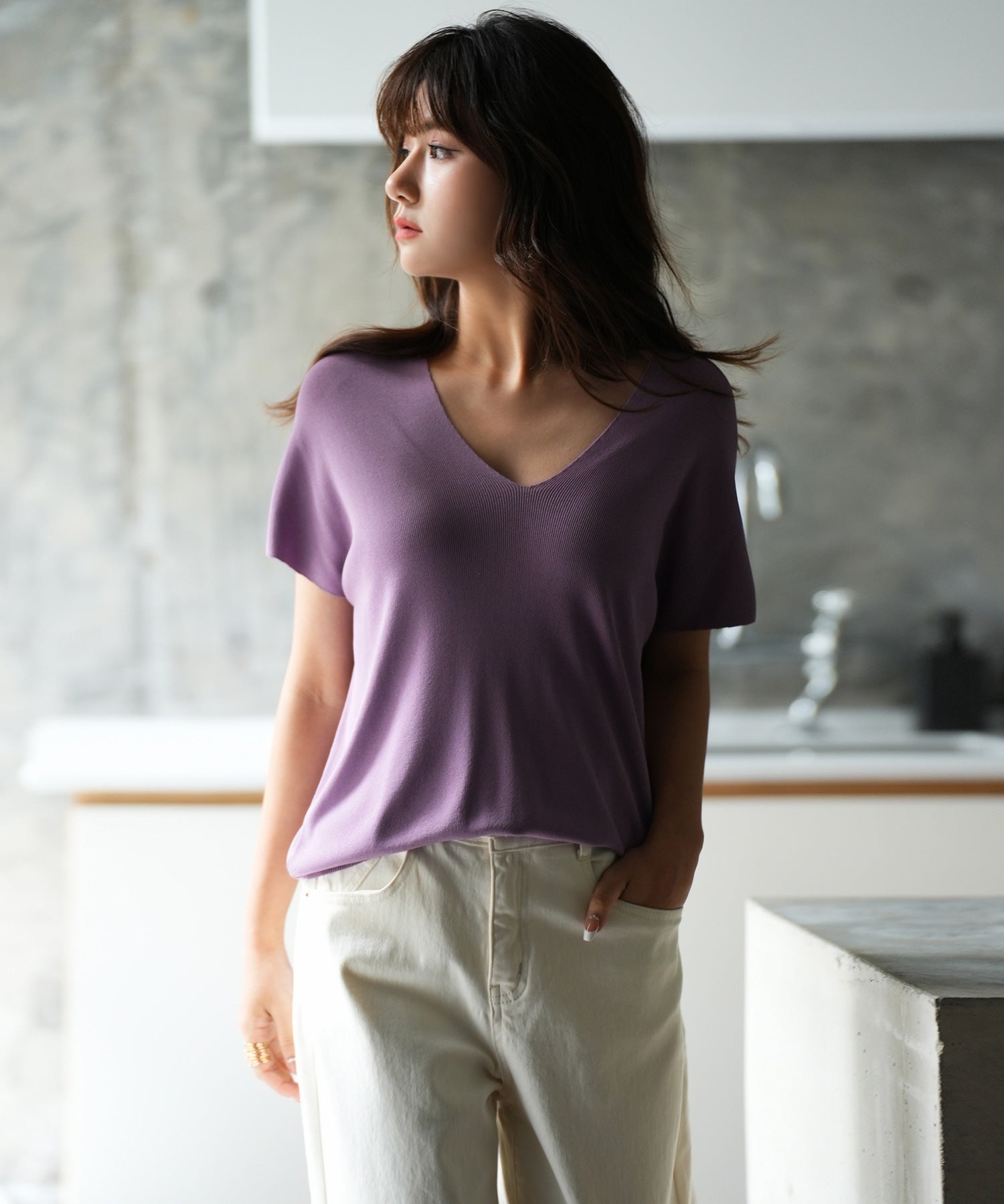 Vネック半袖サマーニットプルオーバーxyf6296-103-15