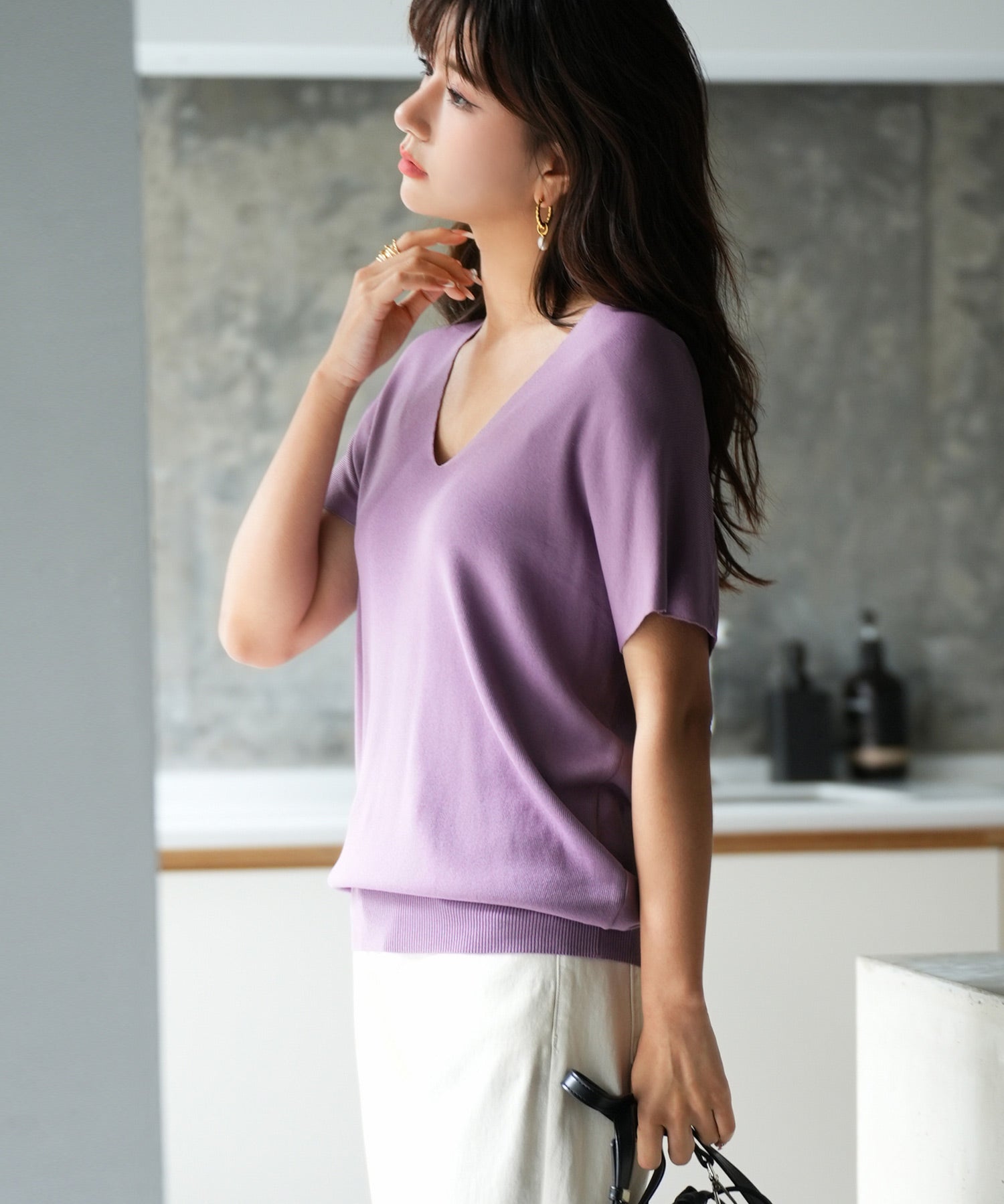 Vネック半袖サマーニットプルオーバーxyf6296 パープル