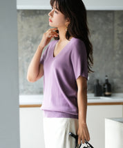 Vネック半袖サマーニットプルオーバーxyf6296 パープル