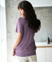 Vネック半袖サマーニットプルオーバーxyf6296 パープル