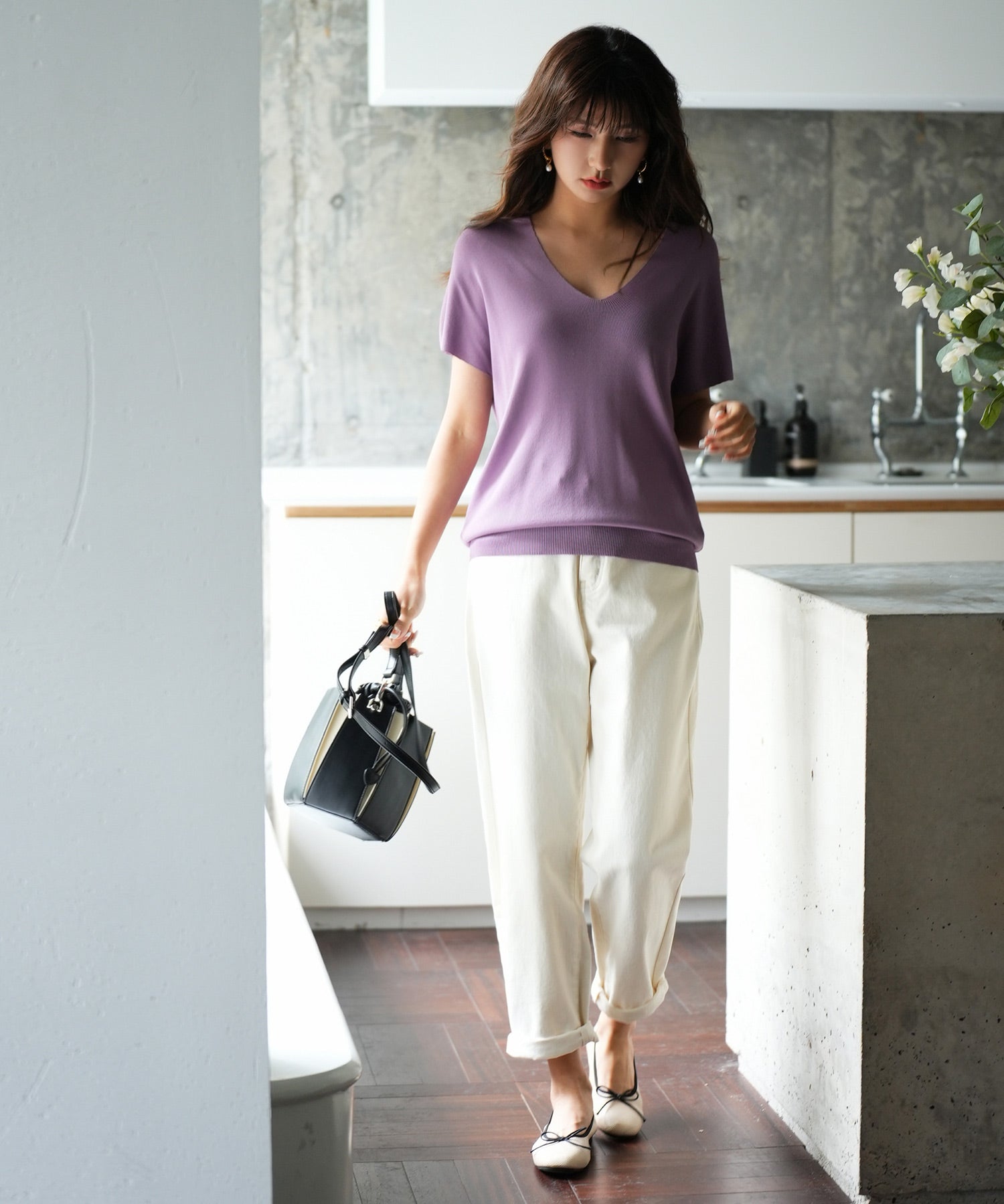 Vネック半袖サマーニットプルオーバーxyf6296 パープル