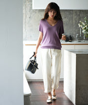 Vネック半袖サマーニットプルオーバーxyf6296 パープル