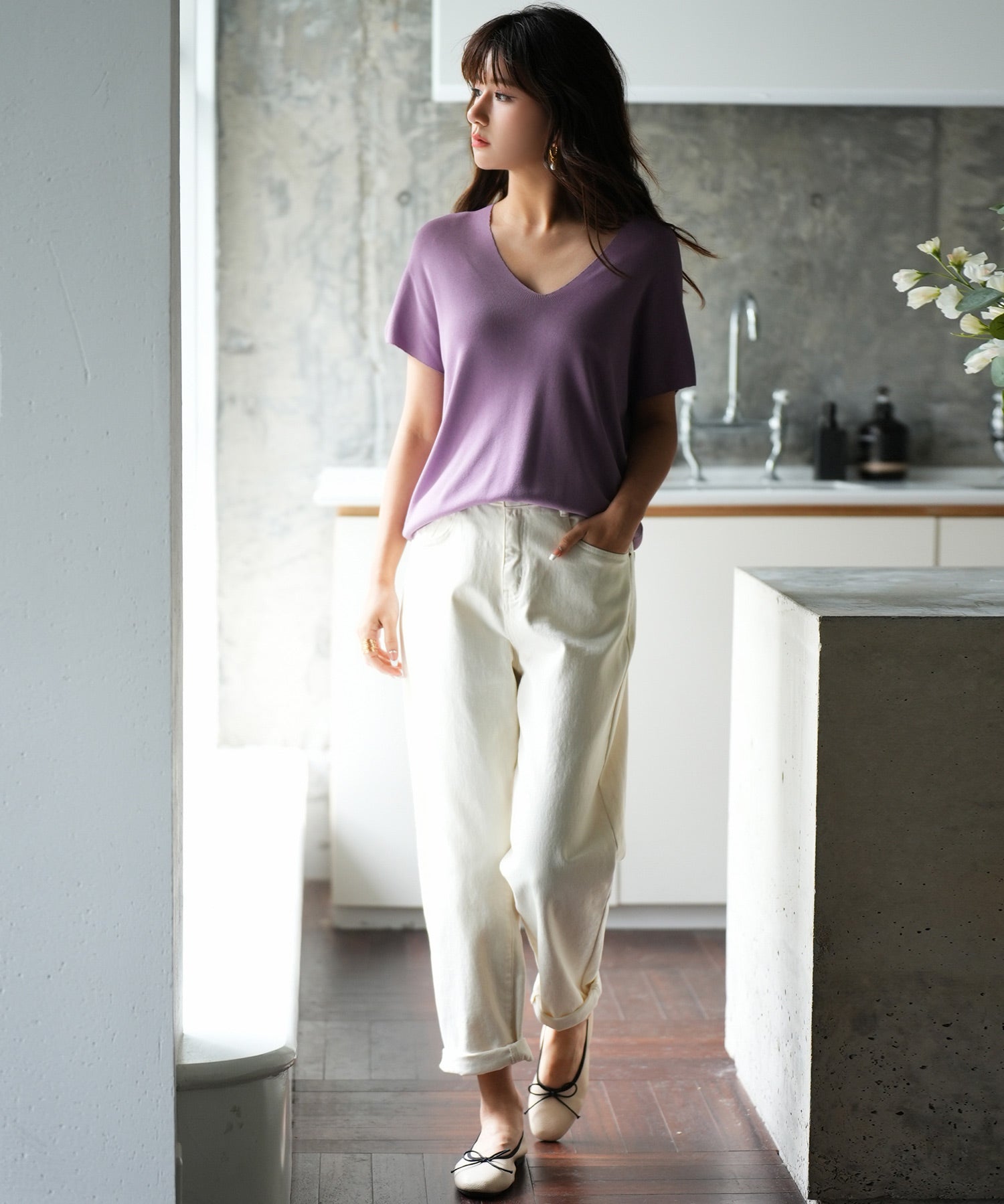 Vネック半袖サマーニットプルオーバーxyf6296 パープル