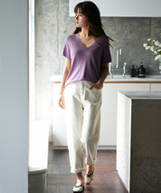 Vネック半袖サマーニットプルオーバーxyf6296 パープル