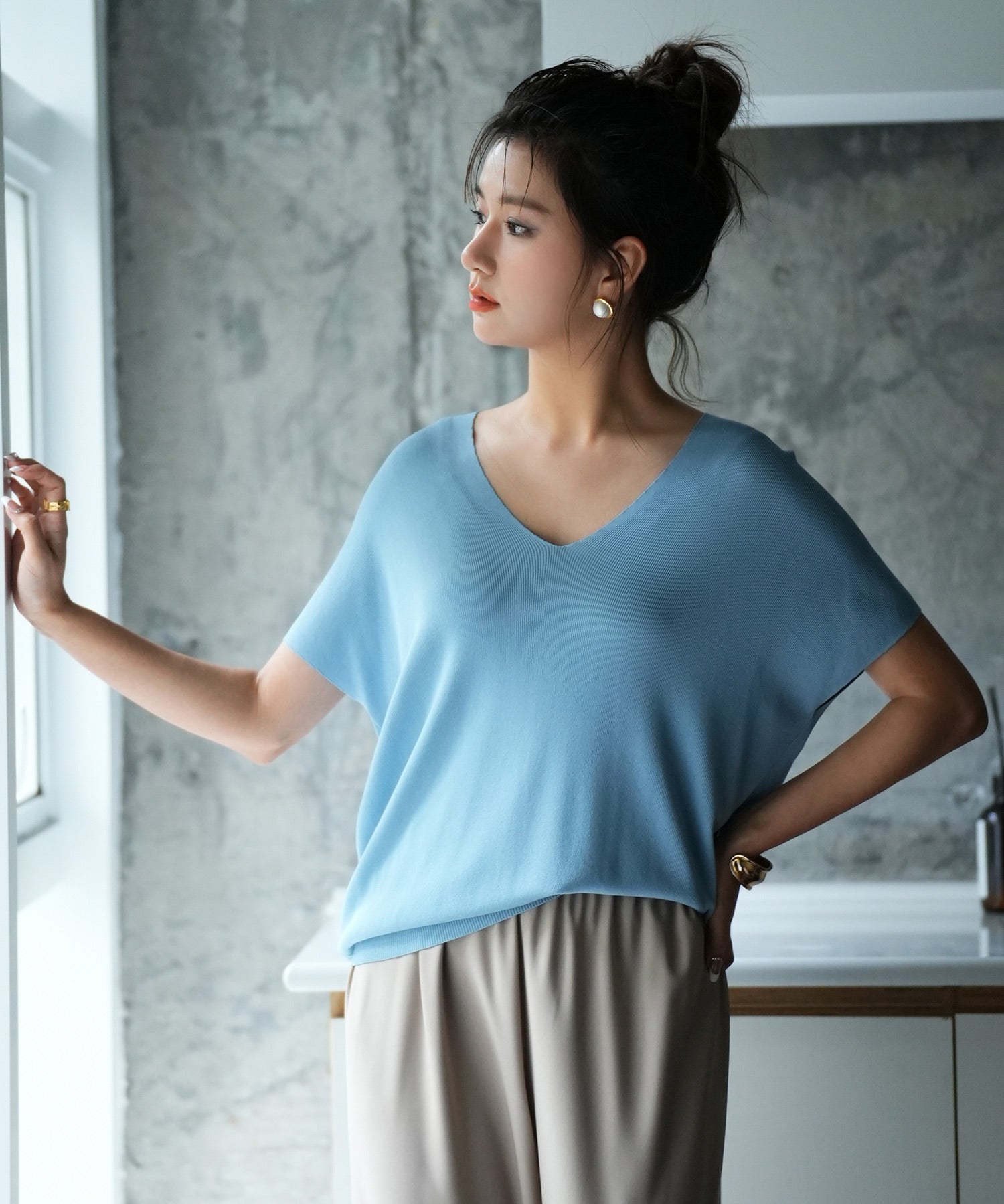 Vネック半袖サマーニットプルオーバーxyf6296-103-166