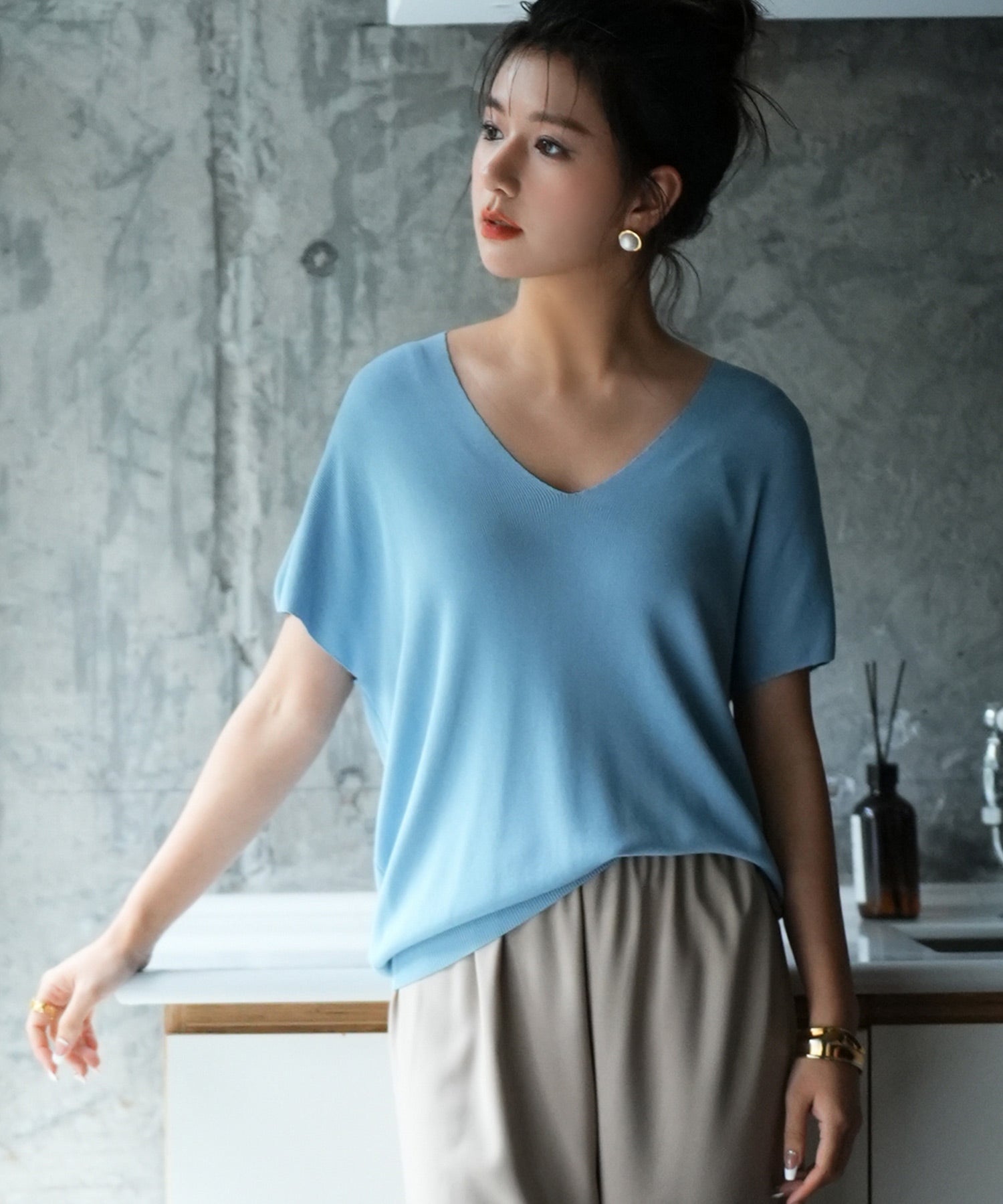 Vネック半袖サマーニットプルオーバーxyf6296 ブルー系その他