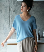 Vネック半袖サマーニットプルオーバーxyf6296 ブルー系その他