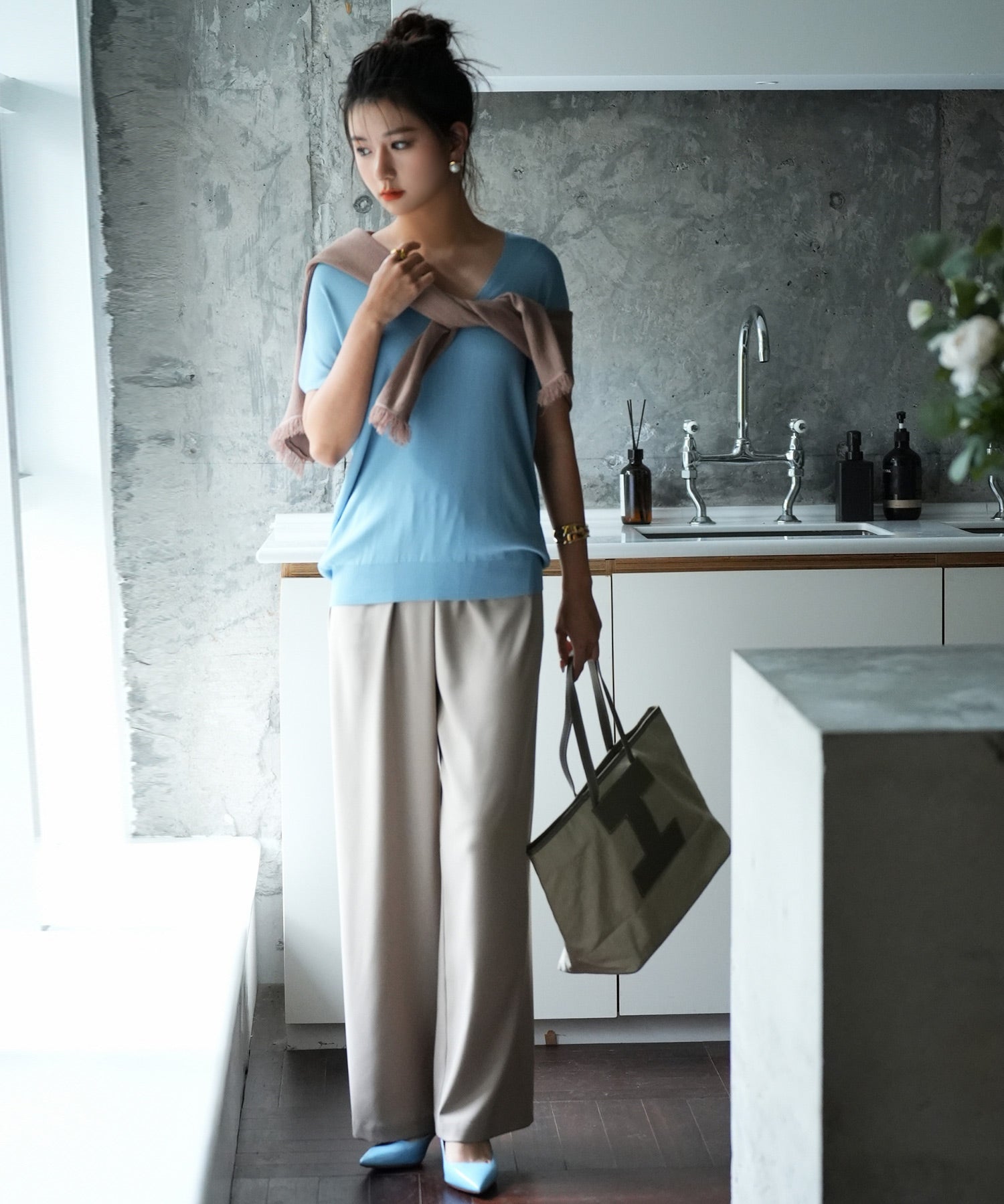 Vネック半袖サマーニットプルオーバーxyf6296 ブルー系その他